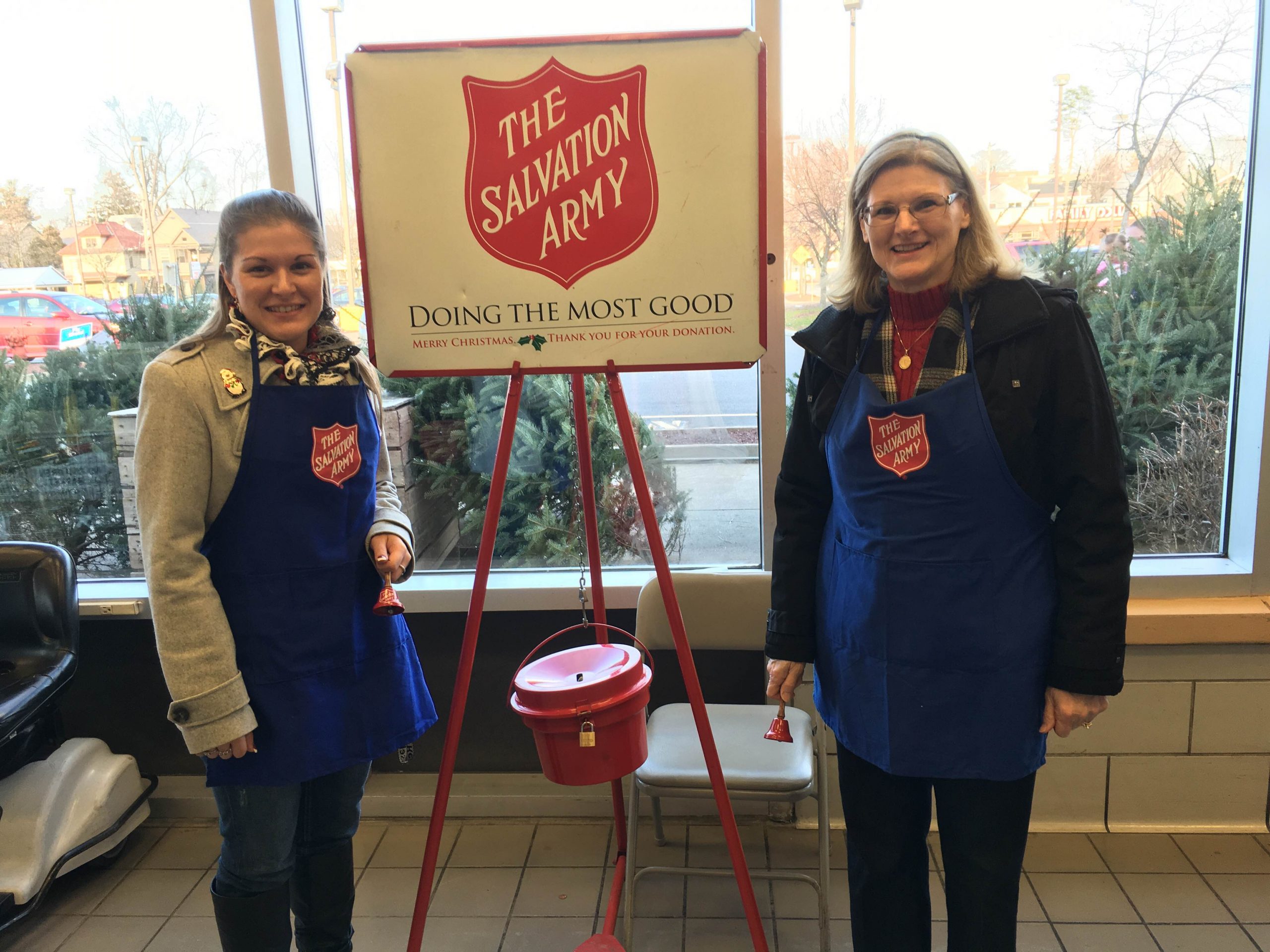 Courtney Moore (on left) and Vladia Boniewski ringing bells for Salvation Army at the Schenectady Price Chopper.