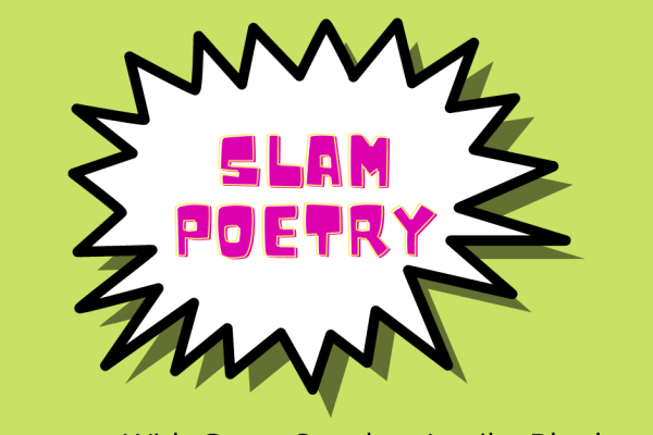 jagged text bubble with Slam Poetry inside on green background